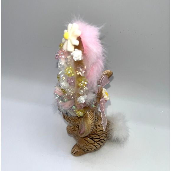 Vintage Ceramic Dancing Easter Bunny With Poof Faux Fur Flower Hat Deb O. OOAK - Picture 15 of 16
